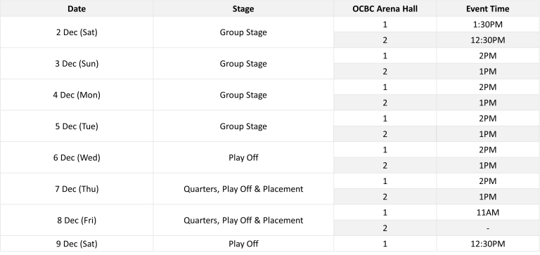 WFC OCBC Arena Schedule